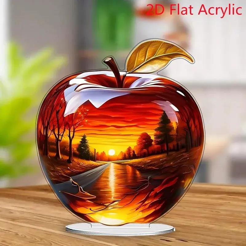 3D Illusion Acrylic Apple Ornament 2D Flat Crystal Looking Art Sculpture Clear Transparent Shiny Tabletop Fruit Statue Cute Desktop Paperweight For Office Modern Home Bedroom Living Room Decor Luxury Autumn Sunset Scene