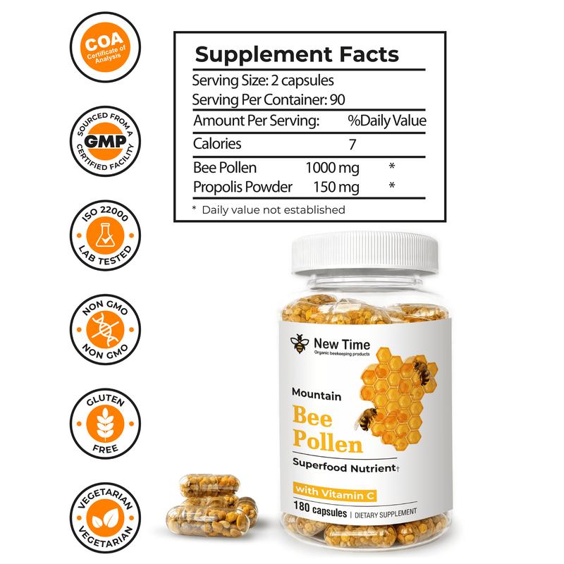 Bee Pollen with Vitamin C, 180 Capsules, Organic Dietary Supplement, Fermented Multivitamin Probiotic Superfood Vital Proteins Immune Support & Energy