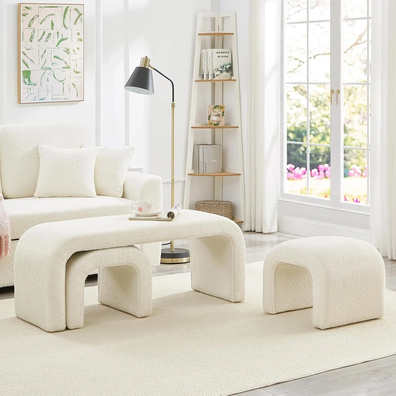 3-Piece Modern Ottoman Bench Set, 44" Wide Teddy Upholstered End of Bed Bench with 2 Foot Stools, Padded U-Shaped Entry Bench Vanity Stool for Living Room Bedroom