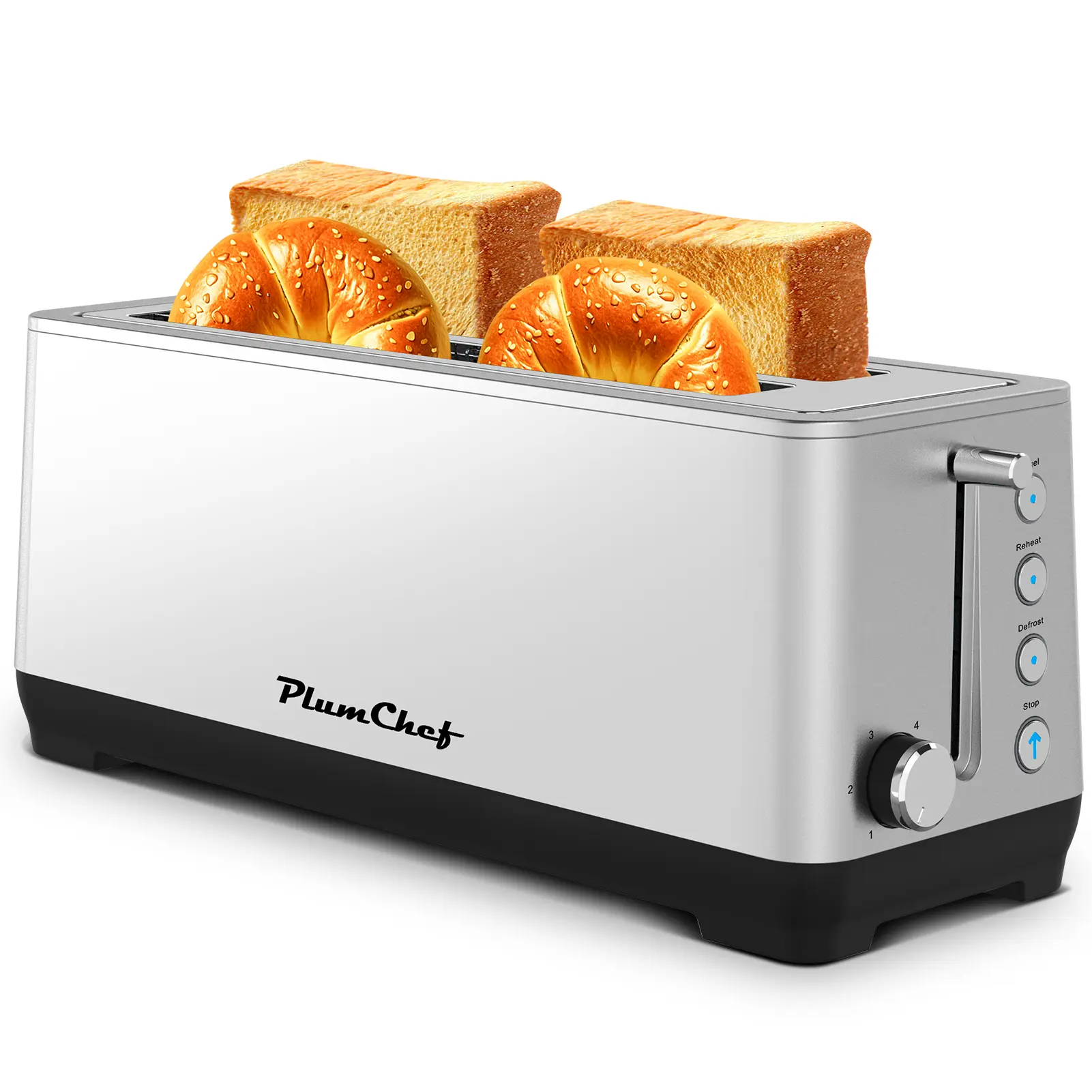Stainless Steel 4-Slice Extra Wide Long Slot Toaster with Plug, 0.4mm Stainless Steel Body, Removable Crumb Tray, 6 Browning Settings, Bagel Mode, Defrost/Reheat Functions, Chromed Knobs & Lever (Silver, 1500W)