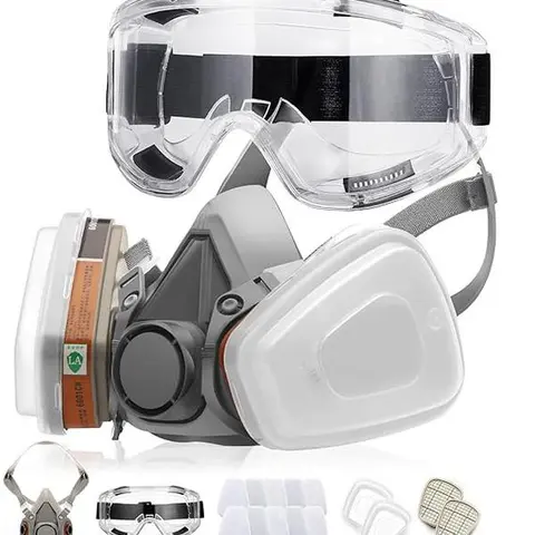 16-in-1 Industrial Reusable Silicone Rubber Dust-Proof Protective Mask Set - Professional Adjustable Dual Respirator Face Mask with Cartridge, Goggles, Tight Comfortable Nitrile Dipped Gloves for Construction Gear, Chemical Workplace Safety