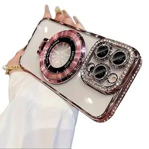 Glitter Sparkling Diamond Magnetic Foldable Holder Case for iPhone 11 12 13 14 15 16 Pro Max Plus | Phone Cover Cellphone Protection Protector