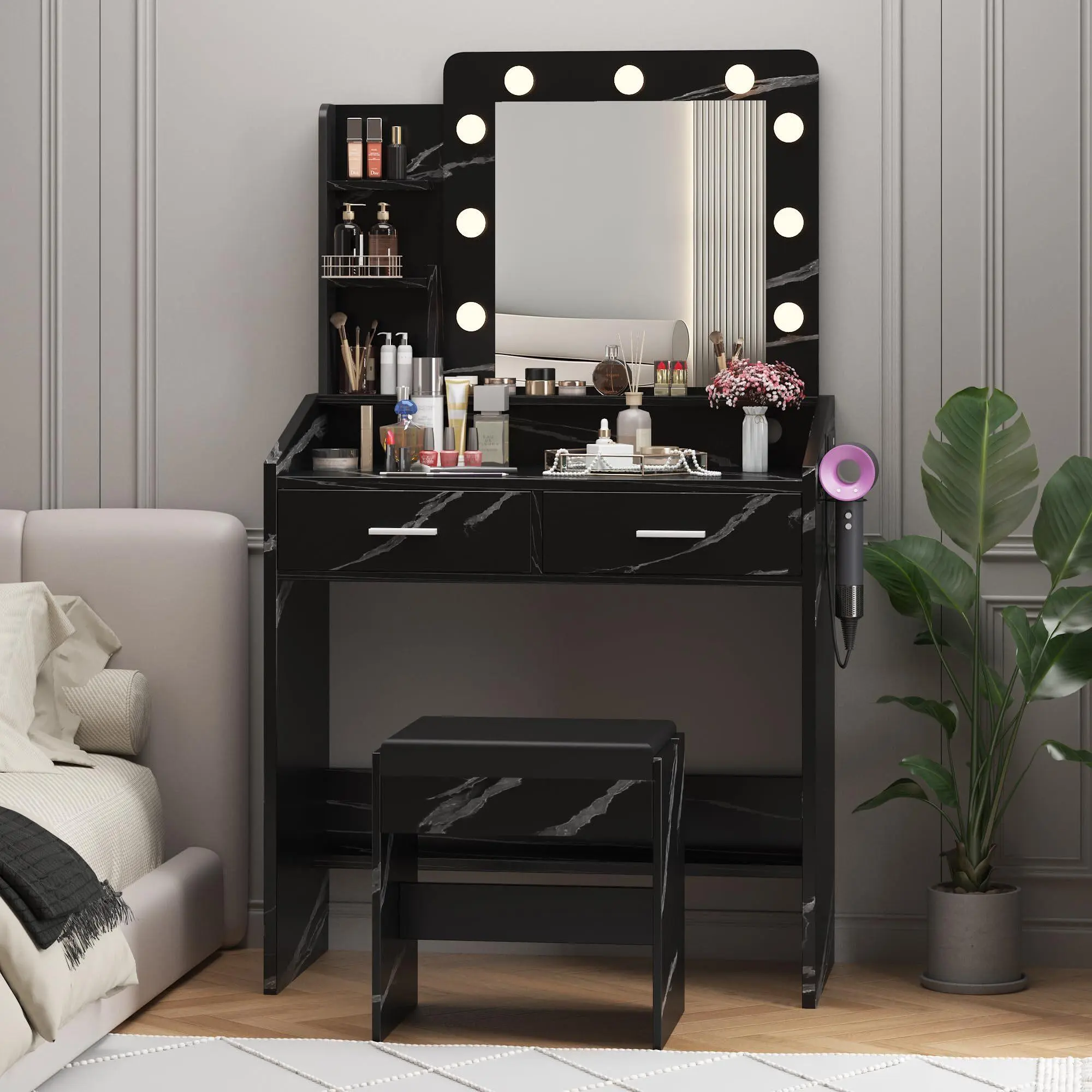 Gaomon Small Black Vanity Makeup Desk with 2 Drawers - Bedroom Furniture, Adjustable 3-Mode Lights, Included Mirror, Built-In Power Outlet, With Drawers