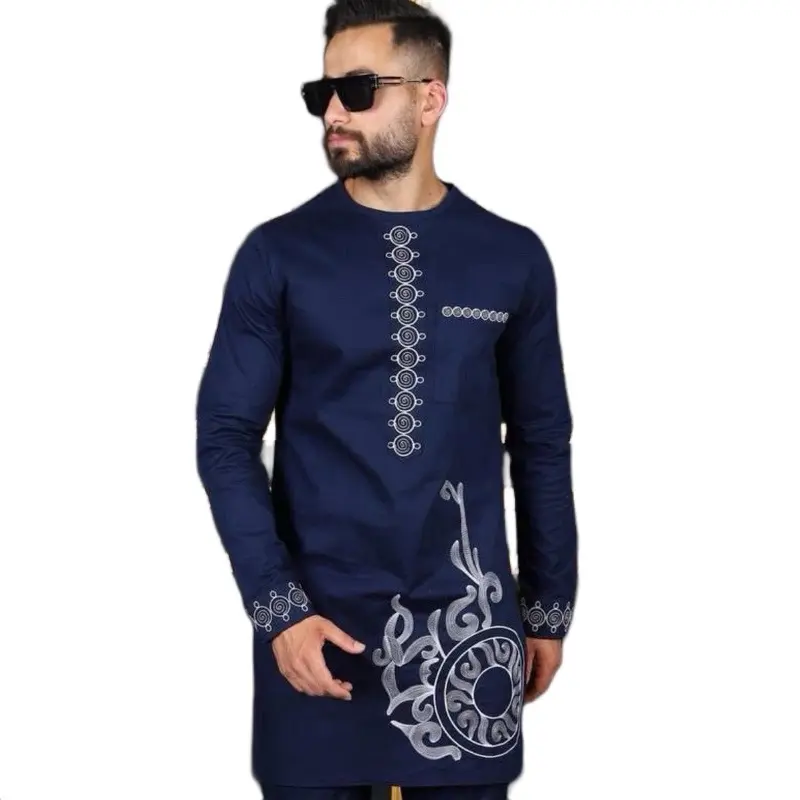 Royal Blue Elegant and Fashionable Men's Suit, Casual Embroidery Two Piece Stylish Suit, Kaftan Clothes Menswear Tops Long Sleeve Formal Cultural Ethnic Loose Pants Gamis Trouser Set1, Men's African Wear Fashion Clothing, Traditional Nigerian 2 Piece Set
