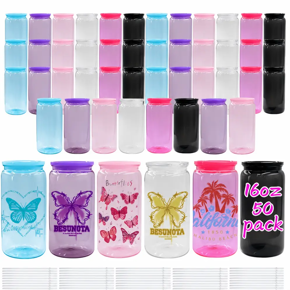 50pack USA WAREHOUSE Reusable Jelly 16oz Acrylic Plastic Cup  Cold Cup With Lid And Straw For Uv Dtf Wraps Clear Transparent Colored Jelly 16oz Plastic Acrylic Cup With Colorful Lids 16oz Durable Libby Soda Can Insulated Lid Bottle Drinkware Tumbler