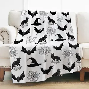 Halloween Bat Blanket Gothic Black Cat Bat Throw Blanket Gifts for Adult Kids Women, Halloween Themed Soft Flannel Goth Horror Blankets Decor Gifts for Couch Bed Home 50"x60"