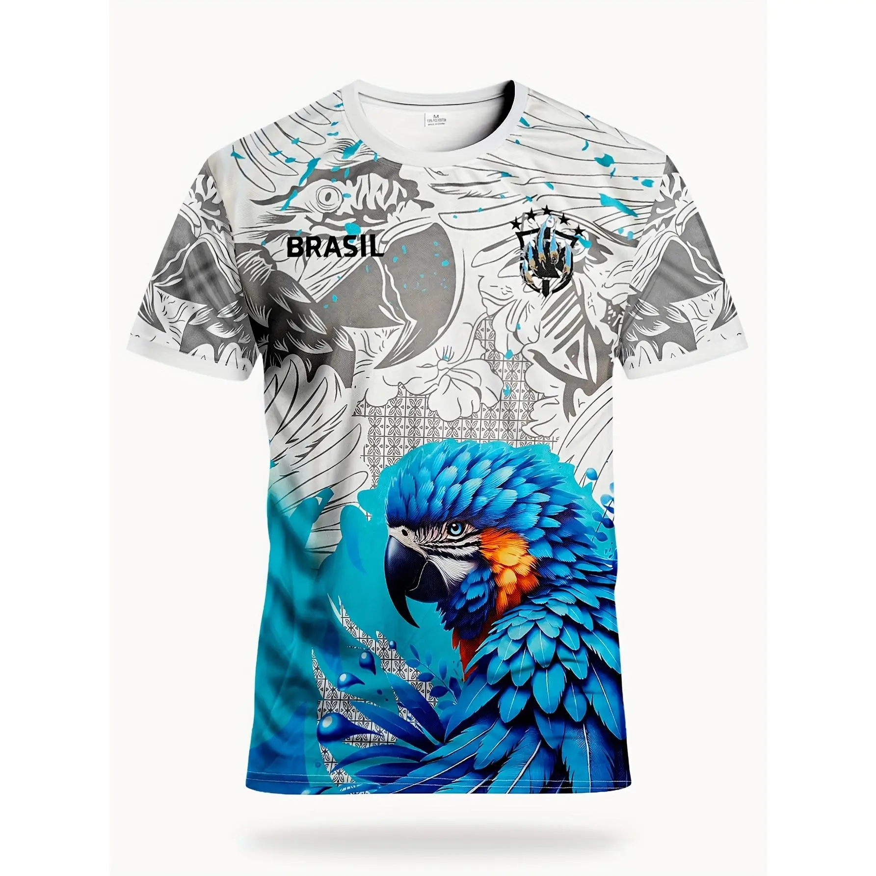 Brazil Parrot Pattern Men's Football Jersey, Rio De Janeiro Style Crew Neck Comfortable Sports Top with Parrot Print, Lightweight Sportswear for Brazil Football Matches, Training, Fitness, Beach, and Summer Parties, Adult