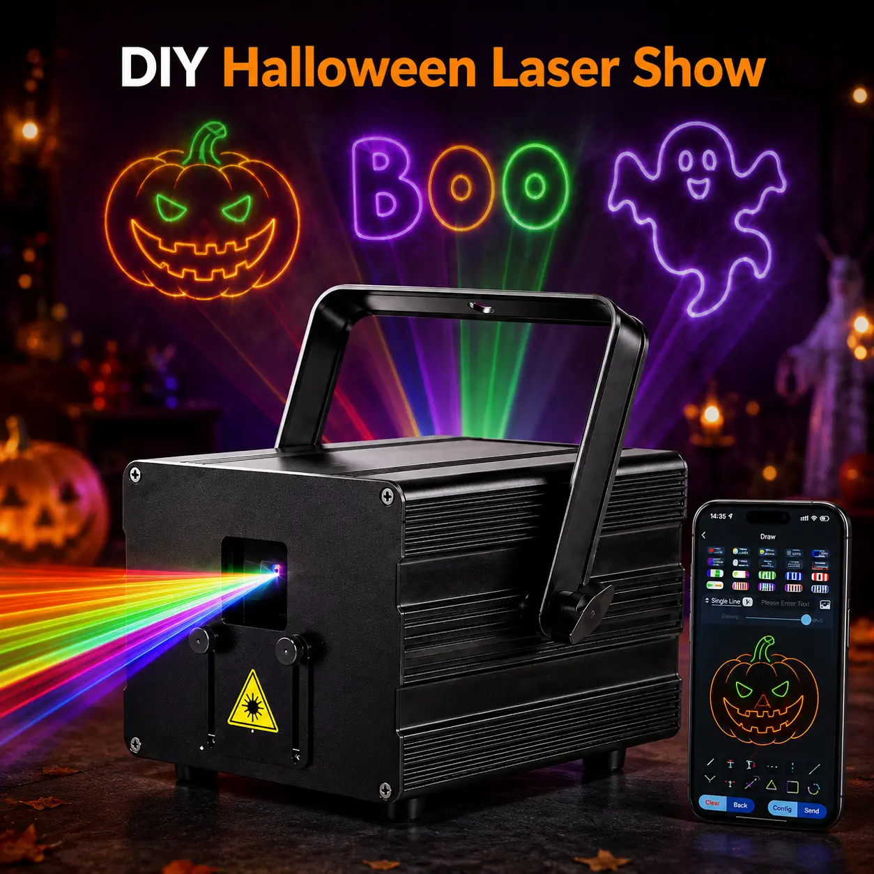 APP Controlled RGB DJ Laser Party Light, Full Color Stage Projector with Custom DIY Text, Drawings, Animation & 1000+ Patterns, Sound Activated DMX Lighting for Home Party, Disco, Club, Bar, Wedding, Birthday, Halloween and Christmas