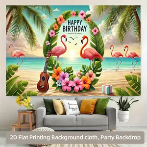 2D Flat, 1pc Tropical Beach Flamingo Birthday Party Backdrop - Vibrant Polyester Photography Background with "Happy Birthday" Banner, Palm Trees & Colorful Flowers, Perfect for Home, Garden, Yard Celebrations & Photo Booth Props, No Power Needed, Beach
