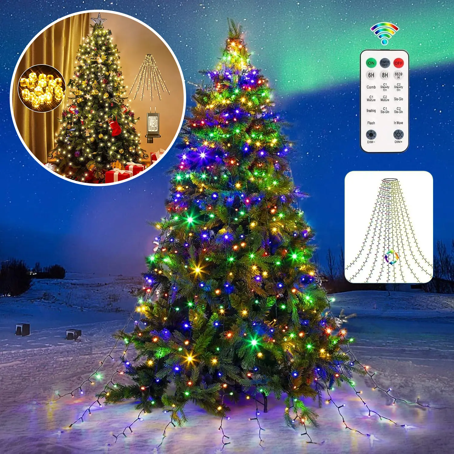 Quntis Warm Toned LED Christmas Lights, 6.6FT Waterproof LED String with Ring, 400 LEDs, 11 Flash Modes, 4 Brightness Levels, Quick Installation Hanging Decoration for Indoor Outdoor Home Decor Ornament