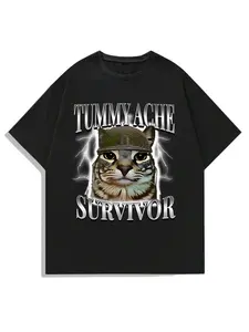 Funny Cat Print Short Sleeve T-Shirt, Skin-Friendly Cotton Loose Fit, Casual Home Wear, Pet Fun Graphic Tee, Comfortable Daily Top