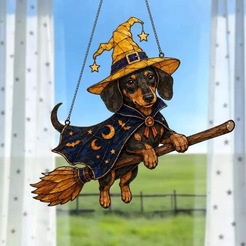 Dachshund Halloween Acrylic Suncatcher, Witch Wiener Dog Window Hanging, Doxie Halloween Decor, Dog Lover Gift, Acrylic Window Ornament
