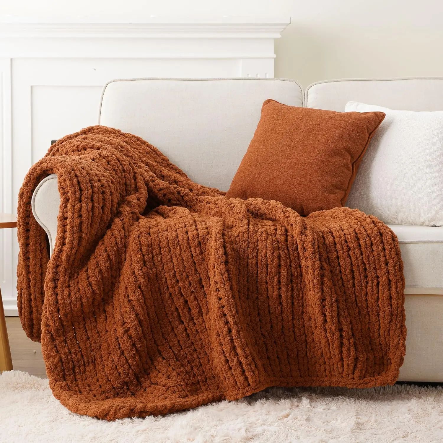 Fall Chunky Knit Throw Blanket, Soft and Thick Chenille Throw Blanket, 50"x60"   Knit Crochet Blanket, Rust Knitted Throw Blankets for Couch Fall Decoration, Caramel