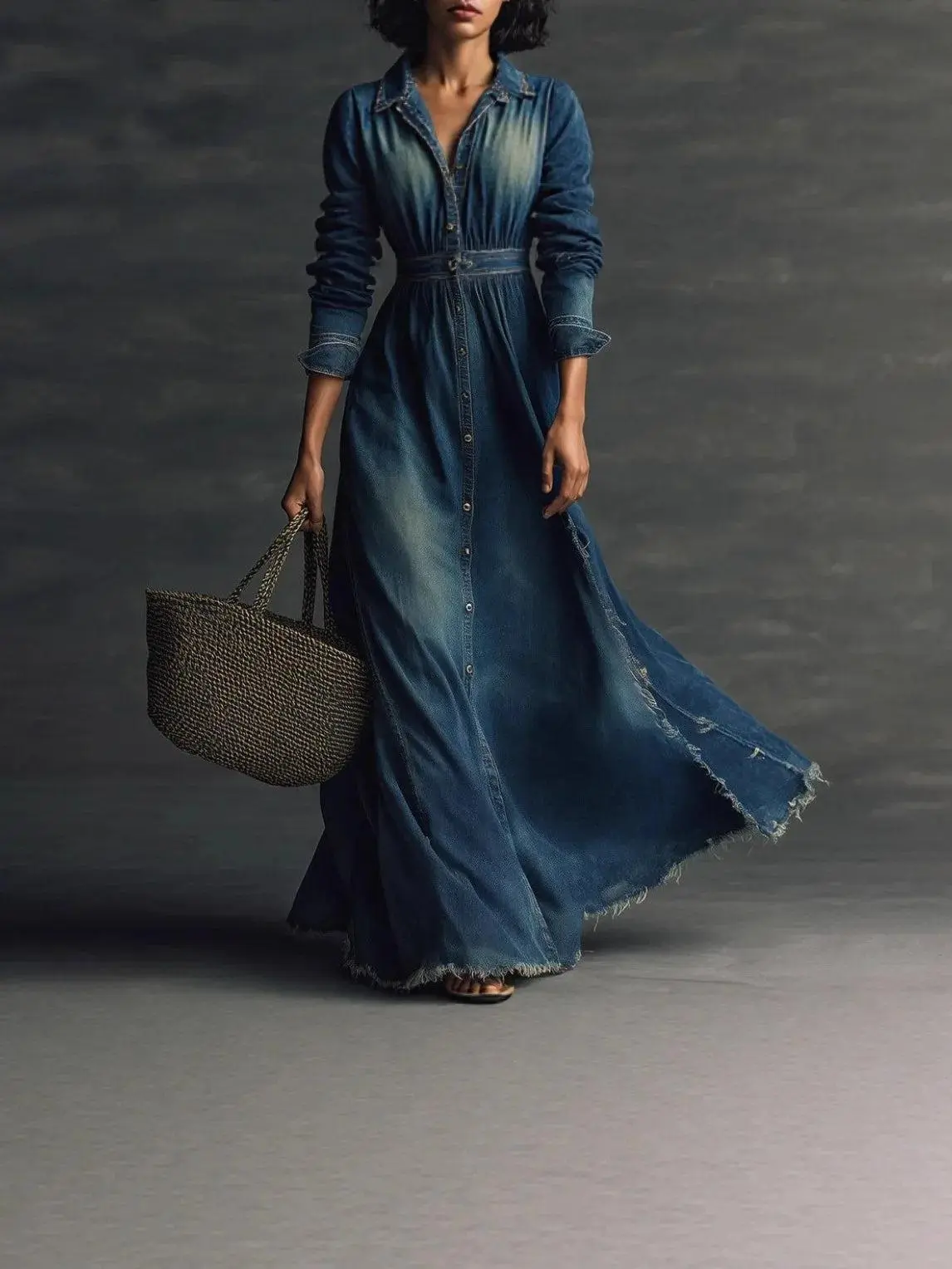 New Fashion Casual Long Sleeve Turn-down Collar Single Breasted Pockets Solid Color Split Flare Ankle-Length Demin Dress for All Seasons