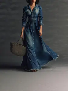 New Fashion Casual Long Sleeve Turn-down Collar Single Breasted Pockets Solid Color Split Flare Ankle-Length Demin Dress for All Seasons