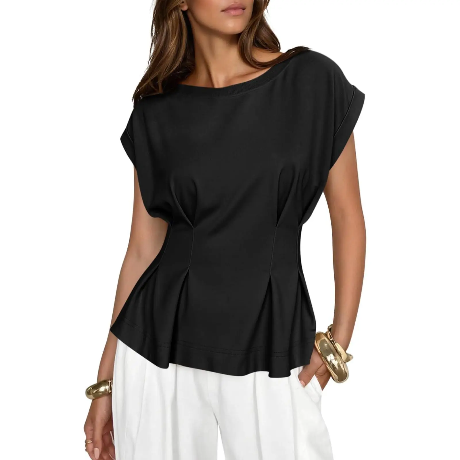 Cicy Bell Womens Peplum Tops Summer Babydoll Cap Sleeve T-Shirts Dressy Casual Crew Neck Pleated Blouses Womenswear Batwing