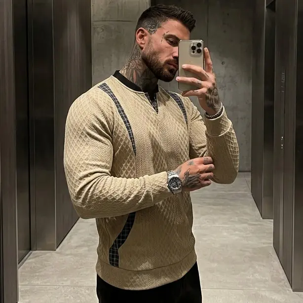 Men's V-Neck Pullover Sweater, Lightweight Jacquard Knit with Plaid Patchwork, Long Sleeve for Business & Parties, Dry Clean, Casual, Tops, Fabric, Textured, Knitwear, Stretchy, Stripped, Retro, Everyday