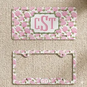Combo Monogram Pink Hydrangea License Plate and Frame, Personalized Floral Car Decor, Custom Car Accessories for Women, Birthday Gift
