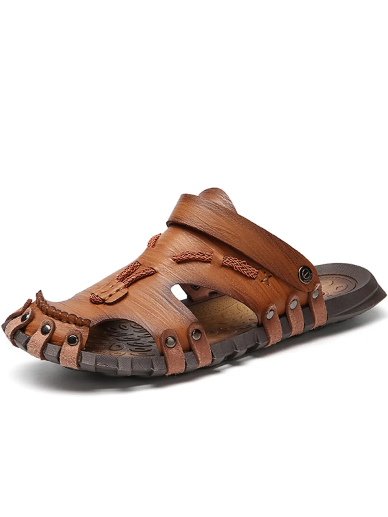 Vintage Men's Leather Sandals, Closed Toe Handmade Woven Summer Shoes, Comfortable Non-Slip Beach & Outdoor Casual Sandals Slides, Stylish Footwear