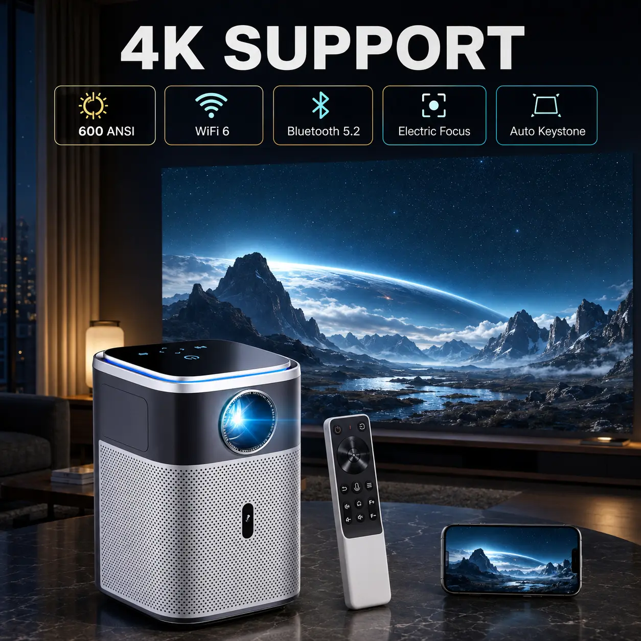Projector with Wifi and Bluetooth, 4K Projector Support Full HD 1080P Video Projector, 600ANSI Movie Projector, Auto 6D Keystone&Zoom,400" Max Bild