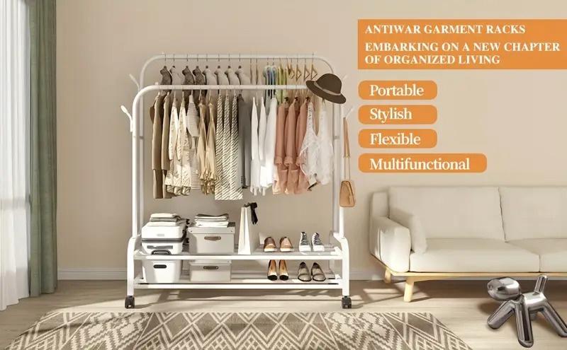 Sturdy Metal Double Rod Garment Rack with Wheels Portable Clothes Rack with Shelves and Hooks Heavy Duty Hanging Organizer for Clothes Bedroom Laundry Closet White