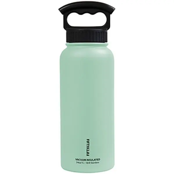34oz Cylindrical 50/50 Vacuum Insulated Portable Water Flask - 3-Finger Handle, Secure Lid, Mint Kitchenware Drinkware Tumbler, Flasks