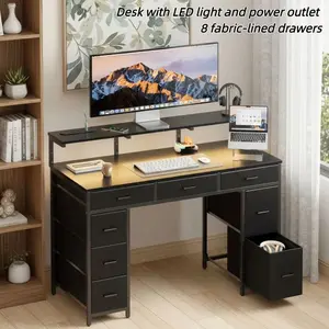 47 inch Computer Desk with 8 Storage Drawers,Ecofurnix Gaming Desk with LED Lights & USB Power Outlets, Home Office Table with Monitor Stand, Study Writing Work Table for Bedroom