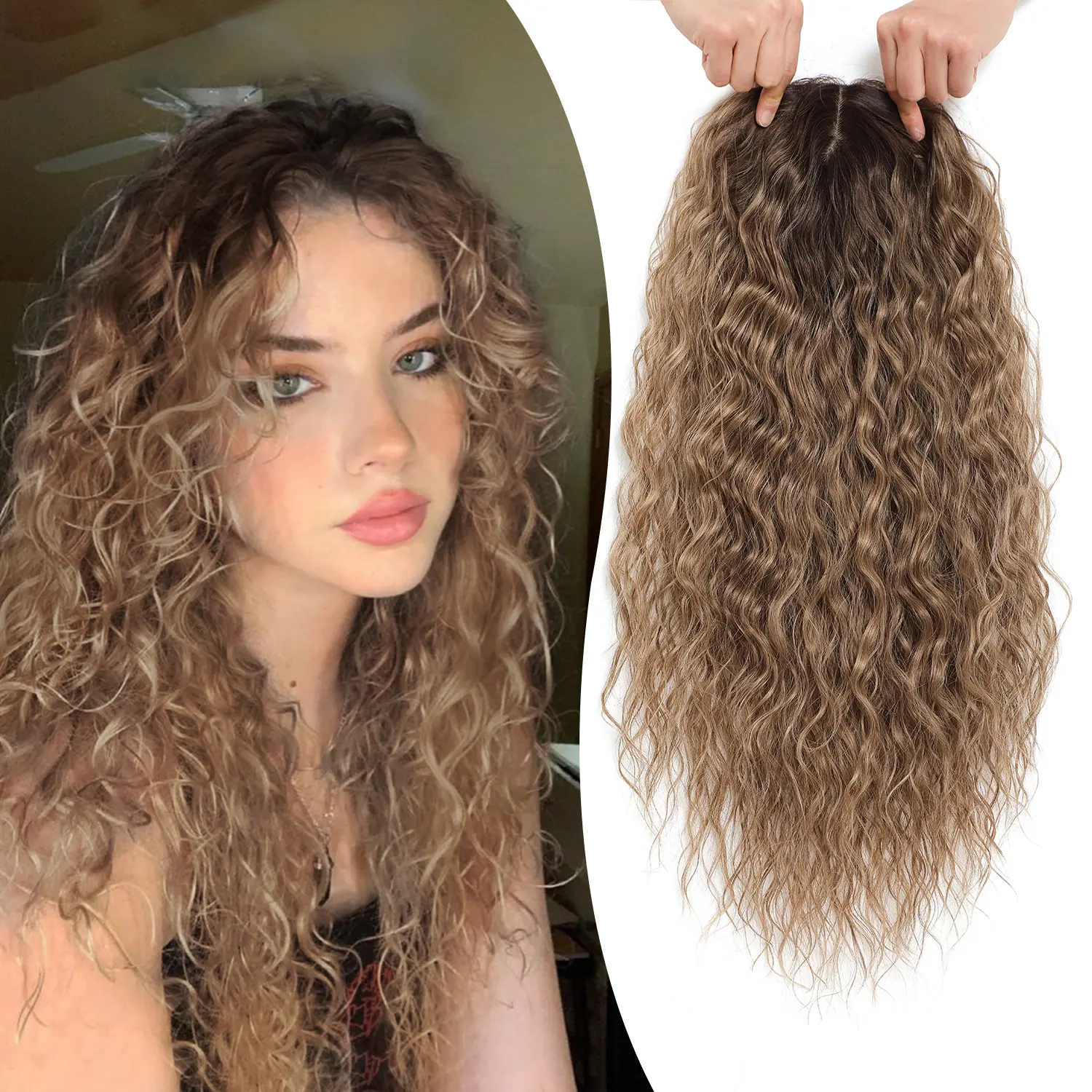 Natural Curly Hair Topper for Women-20inch Lightweight & Breathable Topper Hair Pieces for Thinning Hair, Heat Resistant Fiber Wiglet with Lace Edge to Blending well, Perfect for Daily Use & Styling