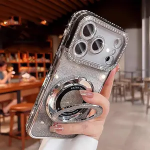 Diamond-Plated  iPhone Case with a Glitter Magnetic Stand & Glitter Backing Card for iPhone 17, 16, 15, 14, 13, 12 Pro Max & Plus, Built-in Lens Protector, Enhanced Camera Protection, TPU Light Luxury Casing Anti-Slip Drop-Resistant Cover