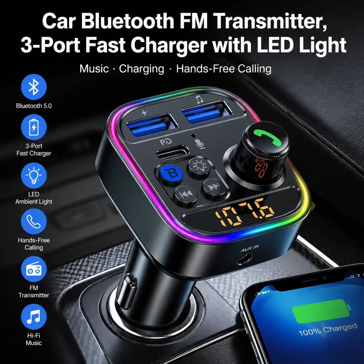 bluetooth car adapter Wireless     5.3 FM Transmitter AUX Radio Receiver MP3 Player Handsfree Call Type-C USB   charger