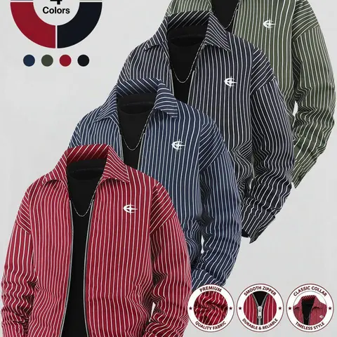 Men's Classic Striped Pinstripe Collared Zip-Up Jacket - Menswear Outer Layer with Full-Zip Front, Relaxed Comfy Cut, Minimal Chest Print, Side Hand Pockets, Stretch Elastic Cuffs for Street Casual Everyday Outfits