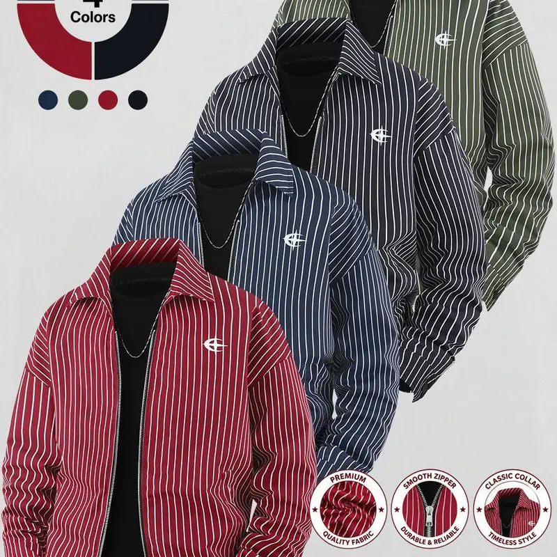 Men's Classic Striped Pinstripe Collared Zip-Up Jacket - Menswear Outer Layer with Full-Zip Front, Relaxed Comfy Cut, Minimal Chest Print, Side Hand Pockets, Stretch Elastic Cuffs for Street Casual Everyday Outfits