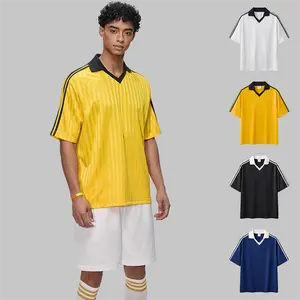 Men's Retro Soccer Jersey, Oversized V-Neck Polo Short Sleeve T-Shirt, Striped Athletic Sports Tee with Side Stripe, Quick Dry Casual Streetwear Football Shirt for Daily & Training