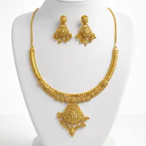 Elegant Gold-Toned Necklace & Earrings Set with Intricate Design for Special Occasions
