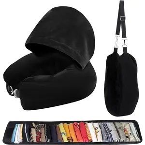 Stuffable Travel Neck Pillow with Hood Soft Velvet Adjustable Neck Size Multifunctional Fillable Airplane Travel Pillow Stuffable With Clothes for Extra Luggage