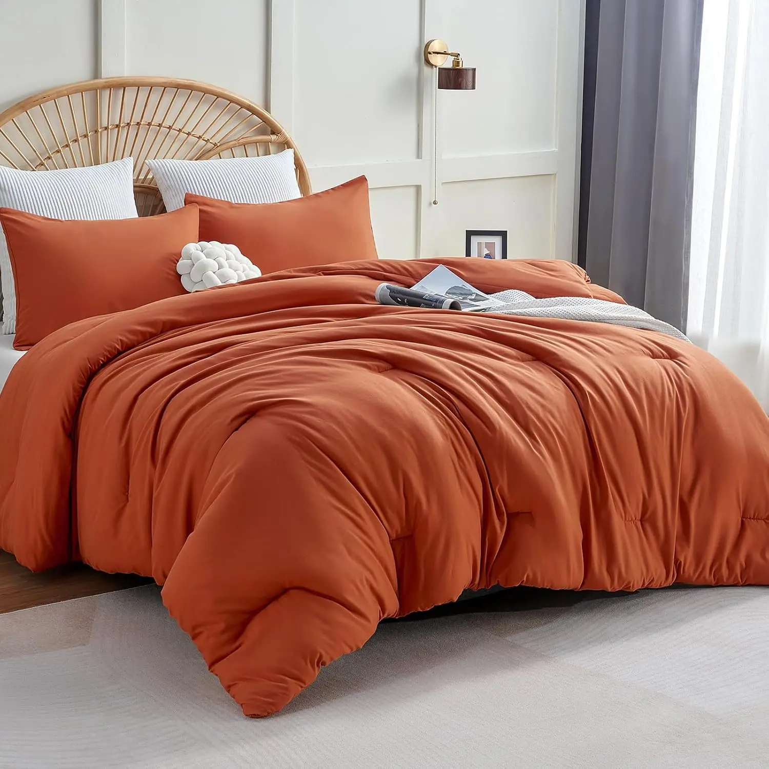 Burnt Orange California King 3-Pieces Boho Bedding Comforter Set - Terracotta Microfiber Quilt Set with 1 Comforter, 2 Pillowcases, Double Size Compatibility, 4 Corner Ties, Corner Tie Locks, Hidden Stitch, Machine Washable