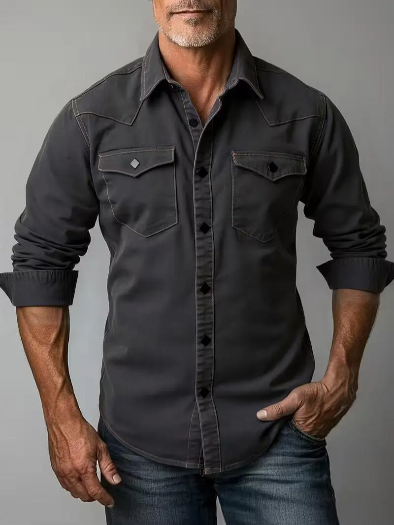 Men’s Western Cowboy Style Button-Up Shirts, Long Sleeve Solid Color Work Shirts with Diamond Buttons & Double Chest Pockets, Retro Slim Fit Casual Denim Shirts for Men Menswear Tops