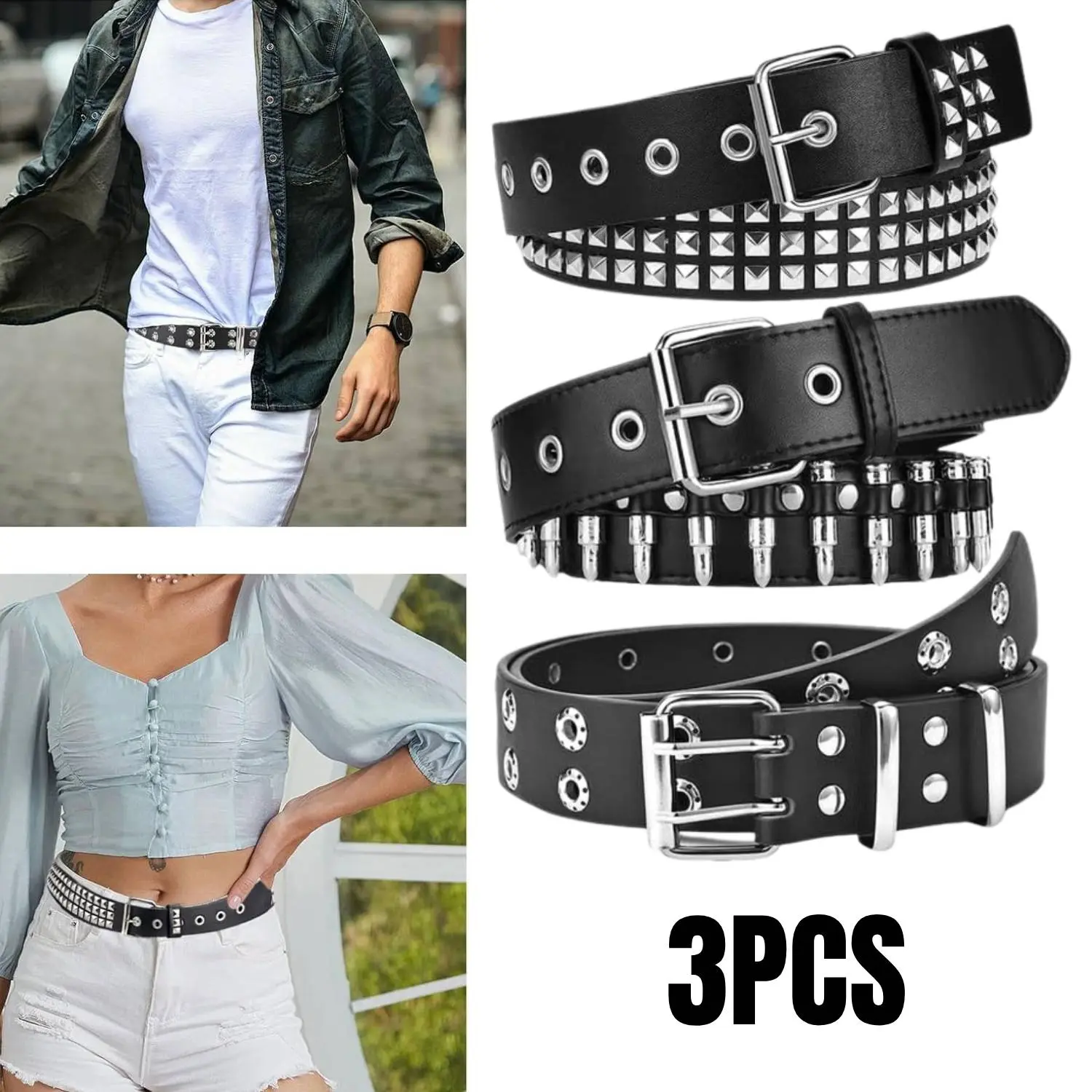 3Pcs Studded Belt, Y2K Belt EMO Goth Belts Punk Rock with Bullet belts for Women Men