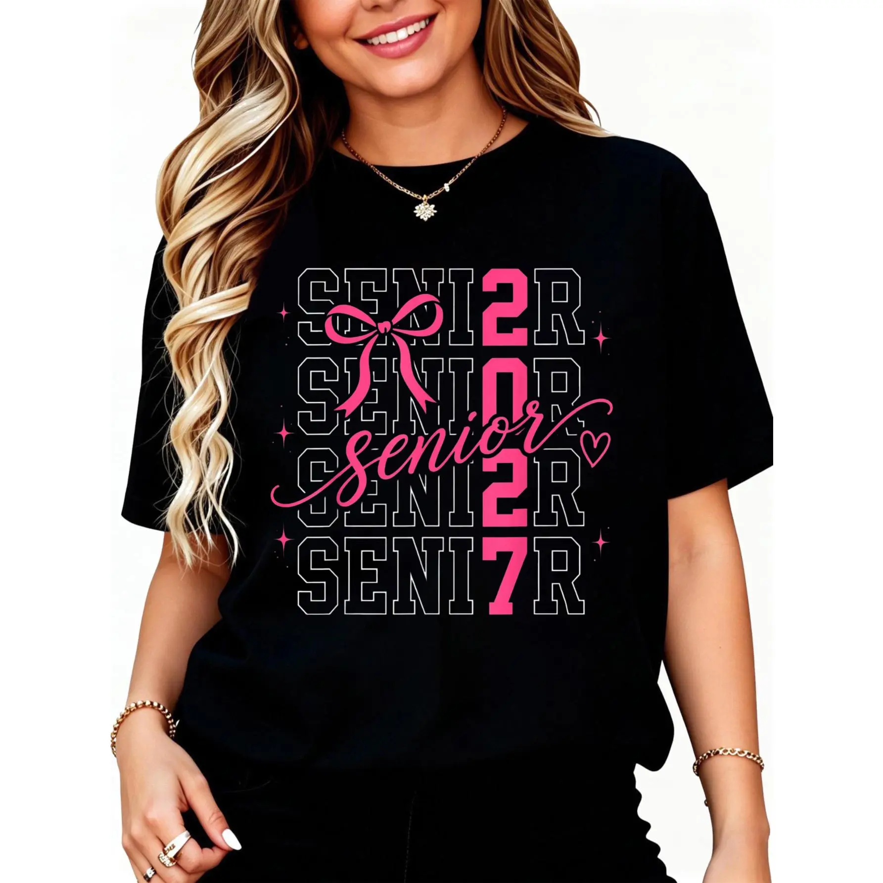 Men 100% Cotton Senior 2027 Class of 2027 Coquette Bow Graduation 2027 Girls T-Shirt Unisex Black Clothing