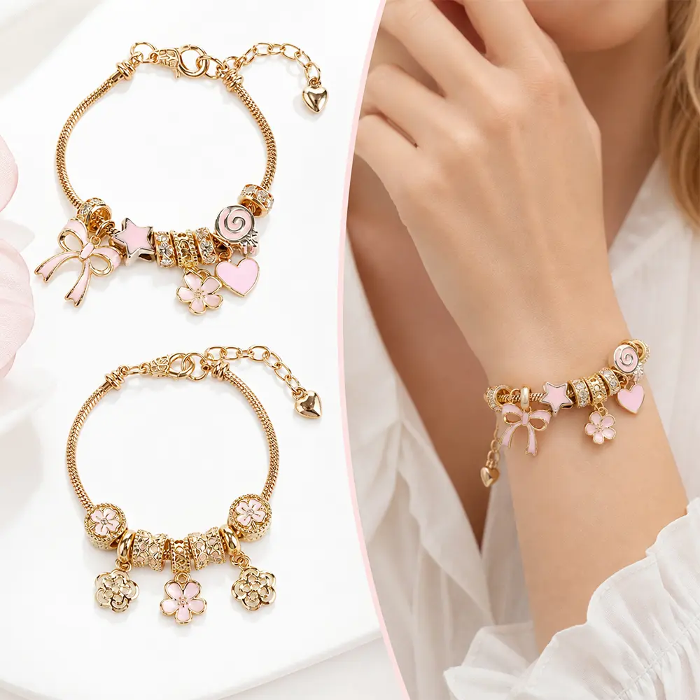 2Pcs Adjustable Gold Silver Plated Bracelet Set with Heart Rhinestone Bow Charms & Pink Beads, Hypoallergenic Tarnish Resistant Jewelry, Comes with 2 Pink PE Film Floating Display Boxes for Women Teens Best Friend Gift