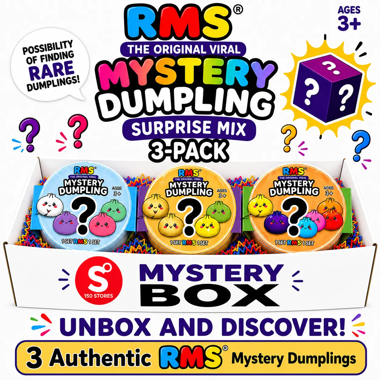 Authentic RMS Mystery Dumpling Surprise Mix 3-Pack – Original Dumpling Squishy Fidget Toys in sealed Steamer Baskets, Random Assortment, Editions & Styles May Vary, Duplicates Possible, Ages 3+