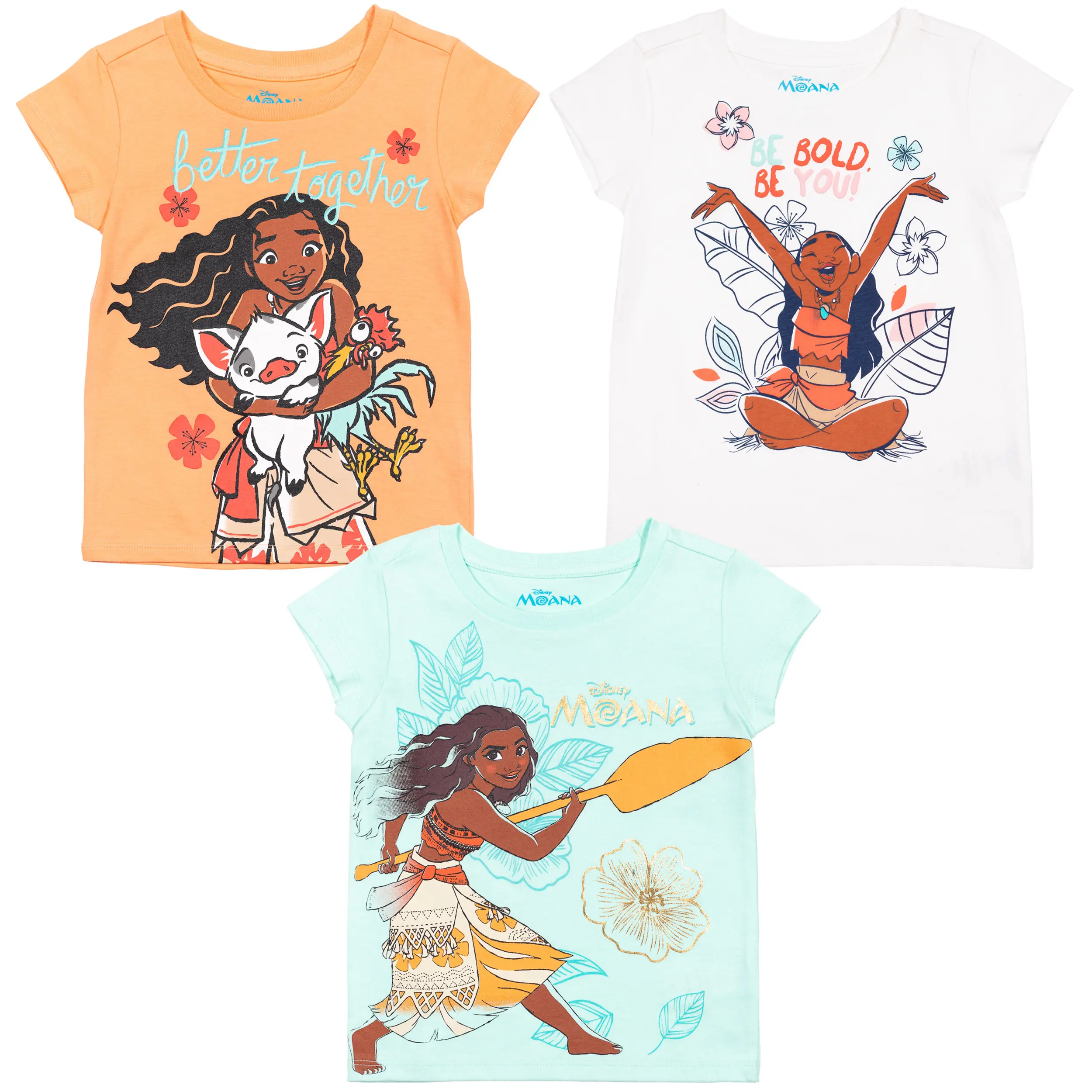 Disney Girls' 3-Pack Moana Graphic Tees, Cotton-Rich Short Sleeve Shirts | Vibrant Character Print, Comfortable Fit & Glitter Accents, Tagless Neck, Vibrant Look, Graphic Tropical Tee, Cartoon Print Tee