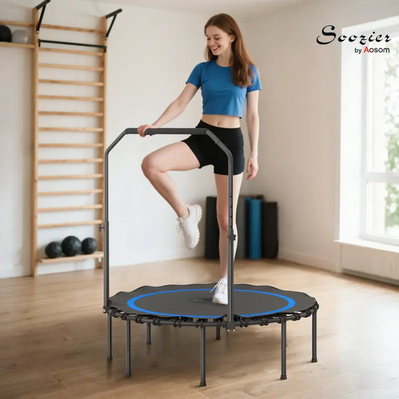 45" Round Foldable Adult Trampoline - Quiet 32 High-Elastic Joint-Kind Bungee Cords, Adjustable Steel Handlebar, Polypropylene Mat, 440 lbs Capacity, Indoor/Outdoor Home Workout Exercise Equipment, Trampoline Workout Cardio Trainer (Folds to 25% Size)