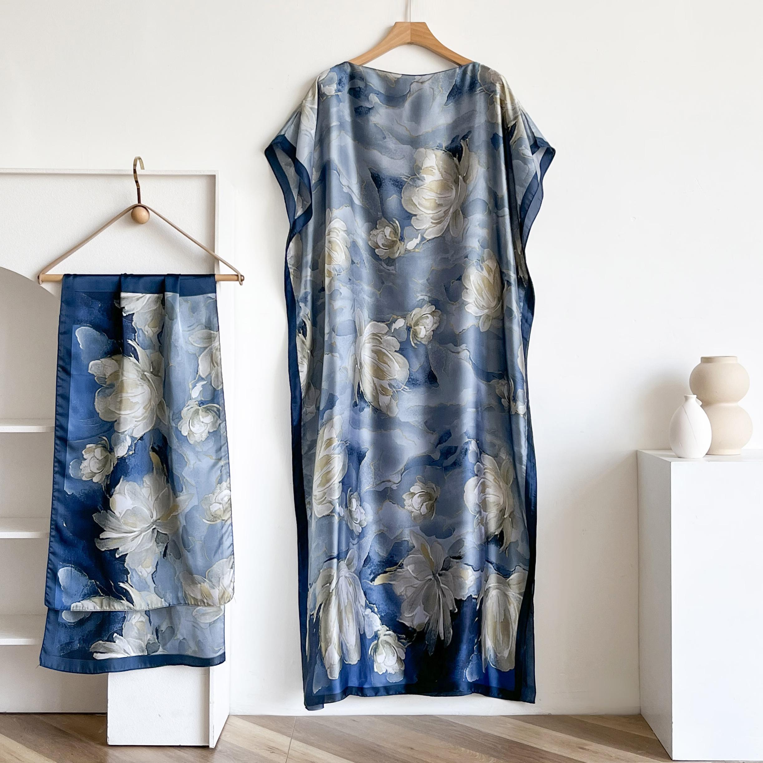 Women's Long Shawl Set Floral Print Robe Set with Shawl Collar Dress, Long Scarf Headband