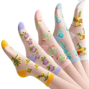 2026 New 5 Pairs Women Summer Mesh Jacquard Mid Calf Socks, Thin Breathable Anti Snag Crystal Long Socks, Elegant Sheer Transparent Hosiery, Fashion Comfortable Daily Casual All-match Socks For Ladies Daily Outfit