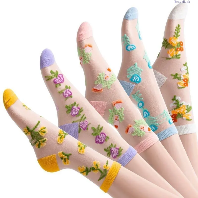2026 New 5 Pairs Women Summer Mesh Jacquard Mid Calf Socks, Thin Breathable Anti Snag Crystal Long Socks, Elegant Sheer Transparent Hosiery, Fashion Comfortable Daily Casual All-match Socks For Ladies Daily Outfit