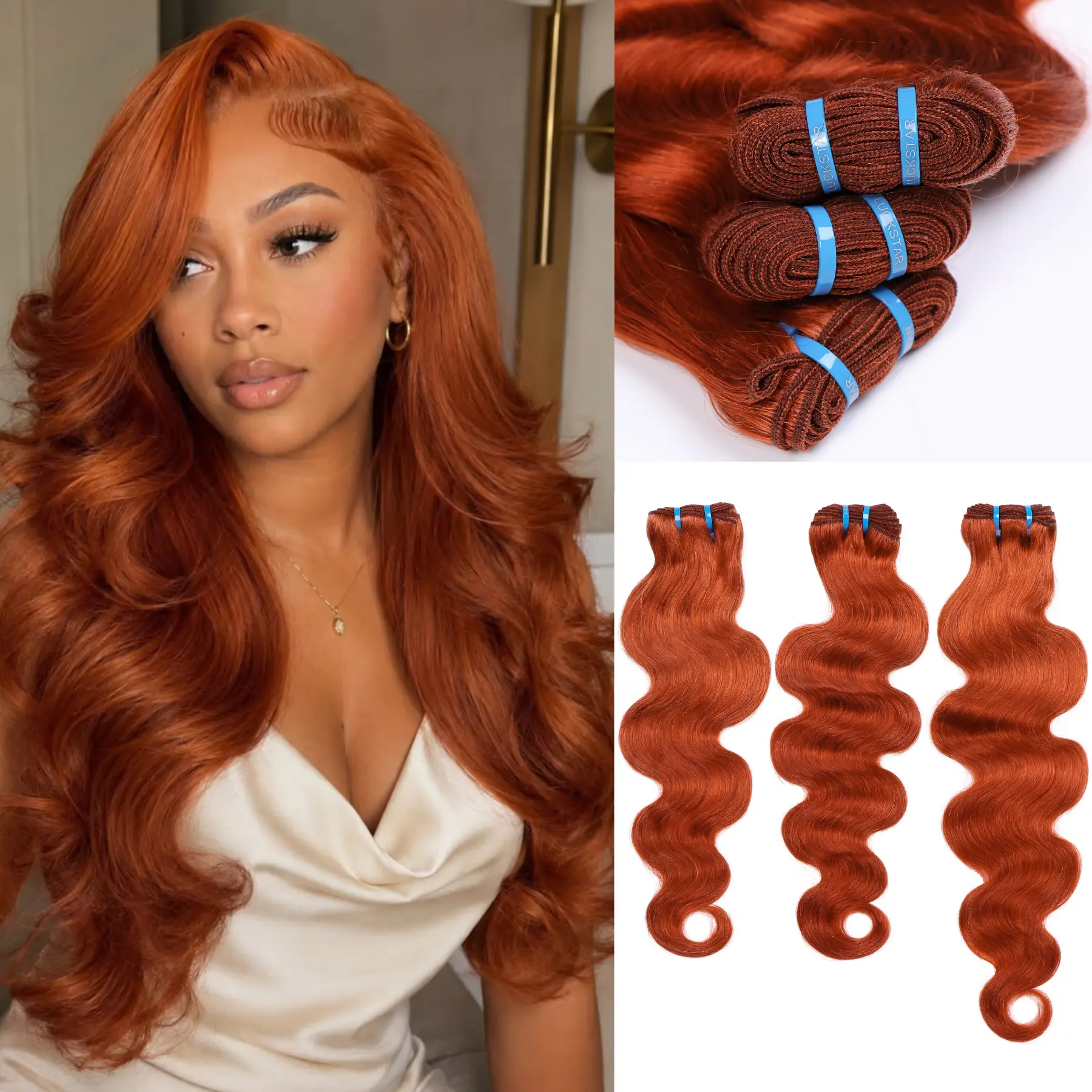 LUCKSTAR #350 Ginger Orange Virgin Human Hair Bundles with Ultra-Thin Wefts, Double Drawn Cuticle-Aligned Ginger Body Wave bundles, Reusable Dyeable Long-Lasting Professional Sew-In Extensions, Extensions Hair backtoschool backtoschool
