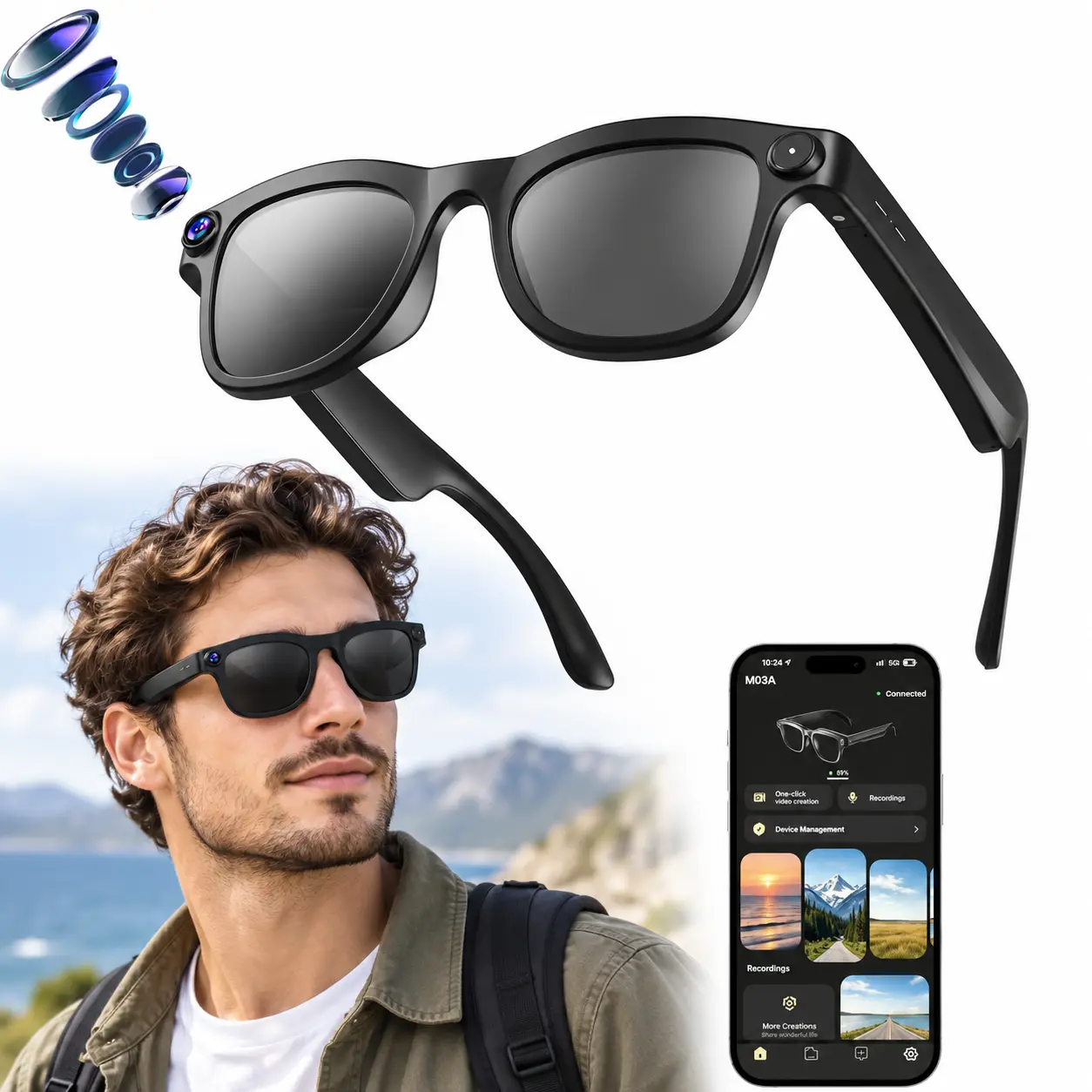 ai smart glasses with camera for Men and Women, Bluetooth Translation Glasses with Camera Audio Bluetooth Glasses, Sunglasses 1080P AI Glasses, Real Time Translation, Voice Assistant, UV & Blue Light Protection Wearable