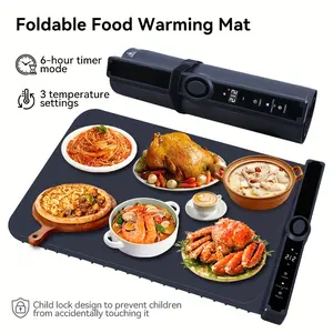 Food warming mat, made of silicone material, features 3-level temperature adjustment and a 6-hour timer function. The electric heating mat uses full-surface rapid heating technology and has a foldable design suitable