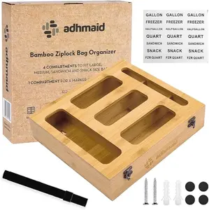 Bamboo Ziplock Bag Organizer for Drawer - 5-in-1 Piece Set with 1 Marker - Smooth Surface for Food Storage - Versatile Design for Kitchen, Countertop, or Wall Mount - Eco-Friendly & Natural Bamboo Wood Boxes Wooden